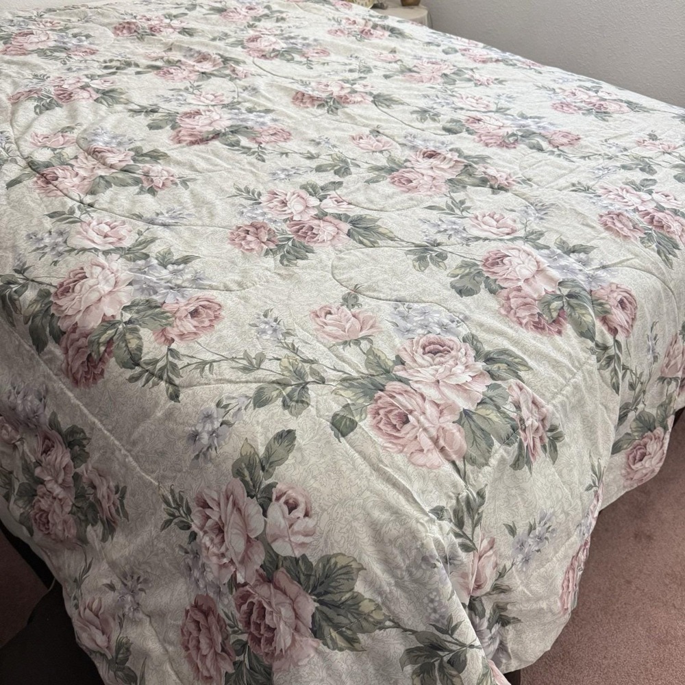 Vintage Bibb Queen Comforter Floral Cabbage Rose Reversible Cottagecore 88x86